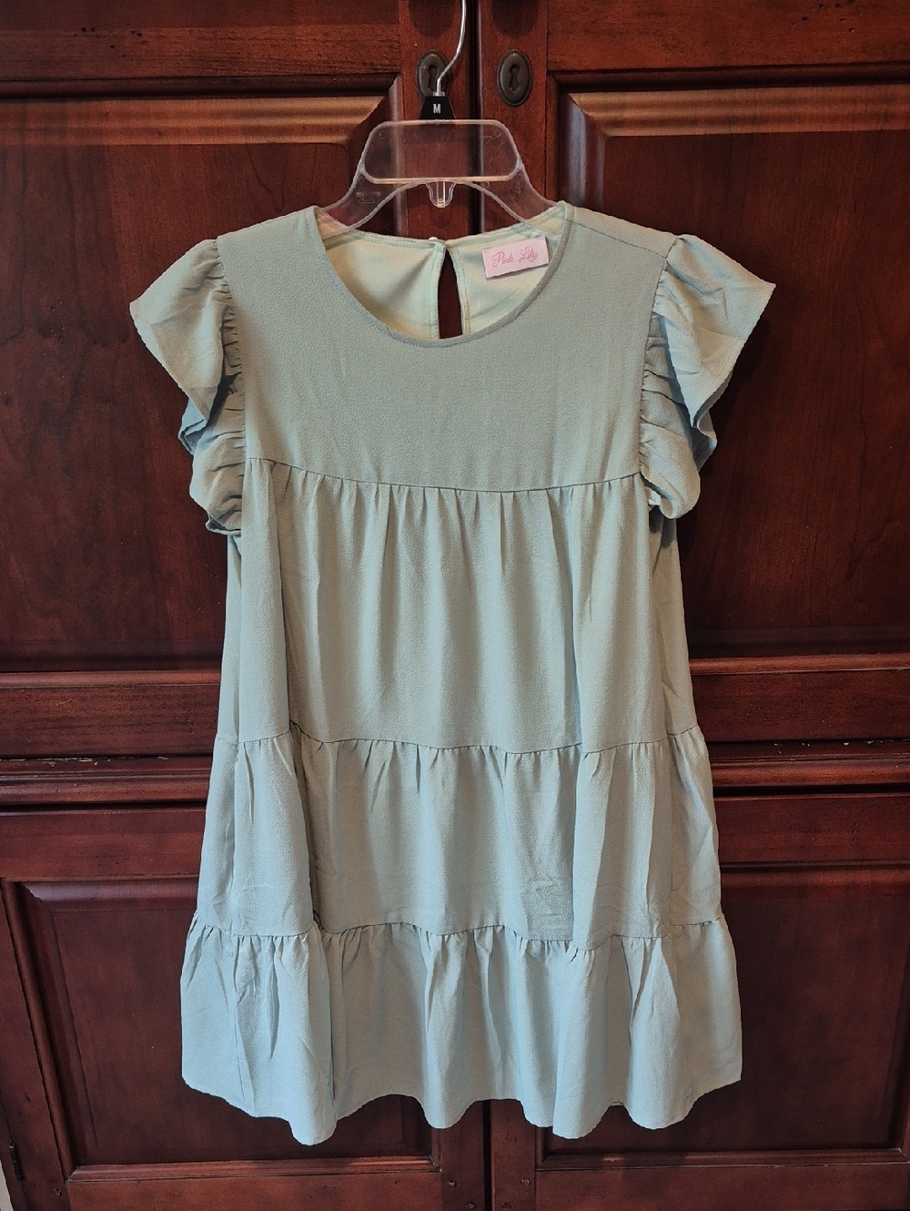 NWOT Pink Lily Sage Green Ruffle Sleeve Tiered Dress
